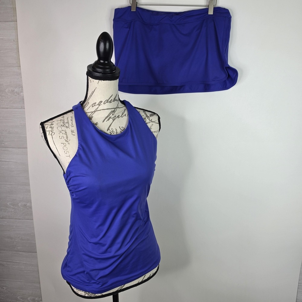 ATHLETA Tankini Swim Set Womens 36B/C M Blue Racerback Top Skirt Bottom Pocket